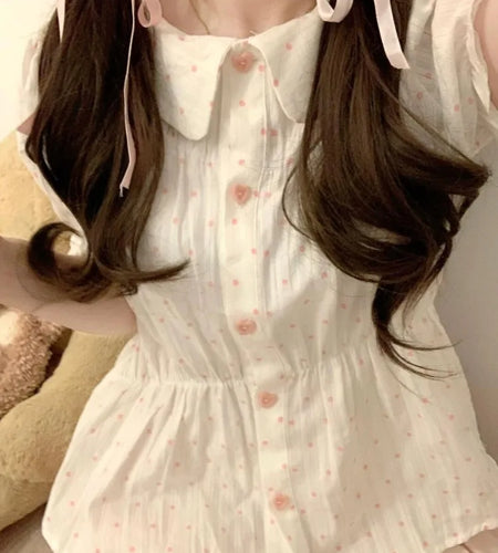 Japanese 2025 Wave Point Loose Women Blouse Vintage Single Breasted Y2k Aesthetic Shirt Harajuku Grunge Peter Pan Collar Blusas