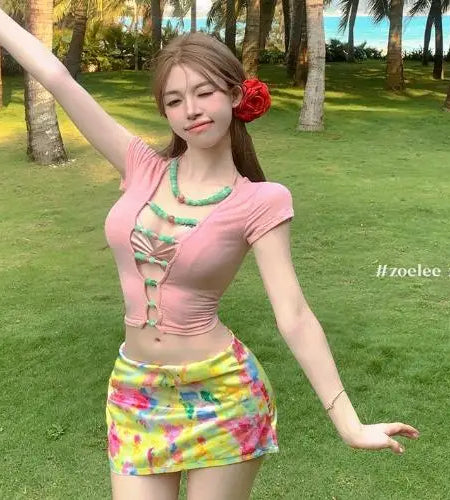 Y2k Tshirts Women's Clothes Crop Tops Fashion Summer Tees Casual Korean Camisetas Ropa Mujer Hollow Out Deep V-neck Sexy T-shirt