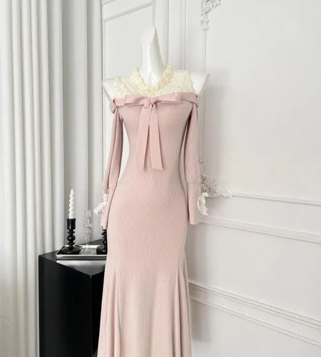 Vintage French Pink Patchwork Lace Off Shoulder Bow Evening Dress Women Autumn Elegant Long Sleeve Knit Party Fishtail Dress New