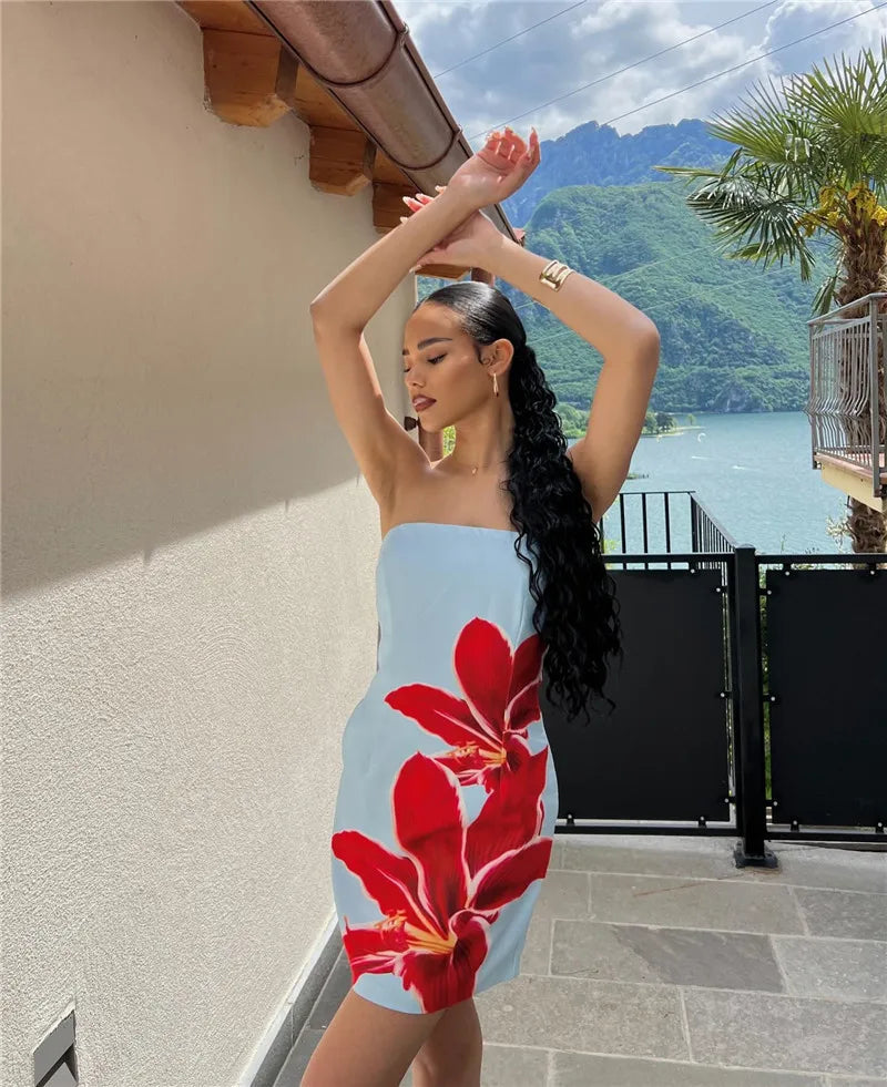 Strapless Backless Print Dress For Women Fashion Patchwork Off-shoulder Sleeveless Bodycon Club Party Print Mini Dress