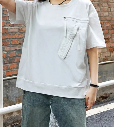 Women White Pocket Zipper Big Size Casual T-shirt New Round Neck Short Sleeve Fashion Tide Spring Summer 2025 1DJ0416