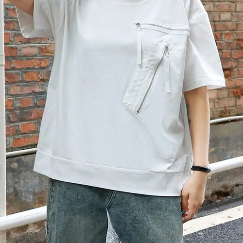 Load image into Gallery viewer, Women White Pocket Zipper Big Size Casual T-shirt New Round Neck Short Sleeve Fashion Tide Spring Summer 2025 1DJ0416
