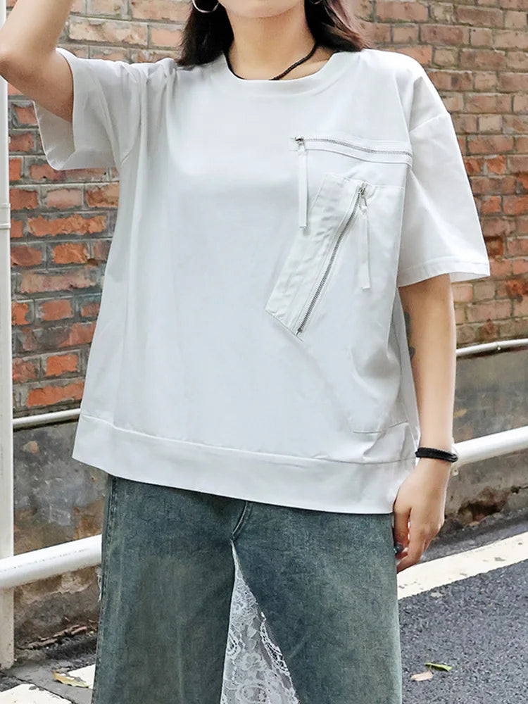 Women White Pocket Zipper Big Size Casual T-shirt New Round Neck Short Sleeve Fashion Tide Spring Summer 2025 1DJ0416