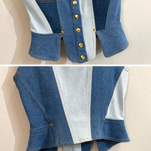 Load image into Gallery viewer, Denim Tank Tops For Women Square Collar Sleeveless Tunic Patchwork Button Split Off Shoulder Vest Female Fashion
