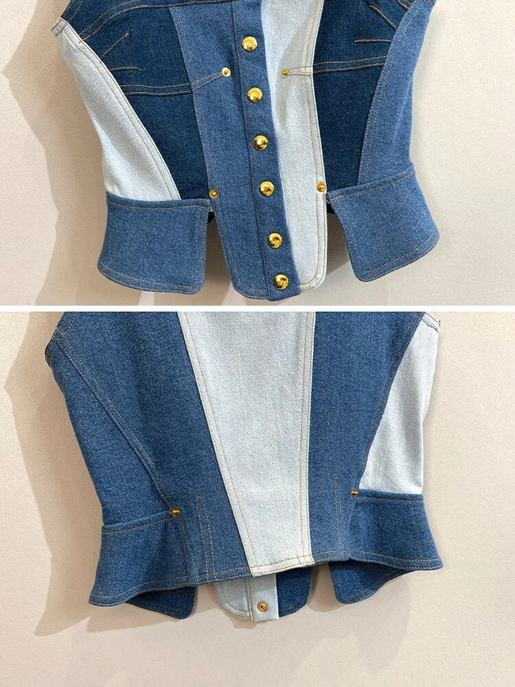 Denim Tank Tops For Women Square Collar Sleeveless Tunic Patchwork Button Split Off Shoulder Vest Female Fashion