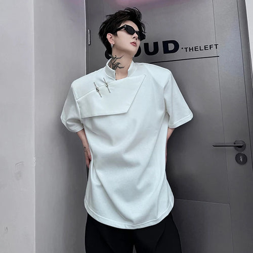 Load image into Gallery viewer, Men&#39;s T-shirt Round Collar Stand Collar Structure Button Decoration High Street Short Sleeve Tee Summer New Chic 28W3272
