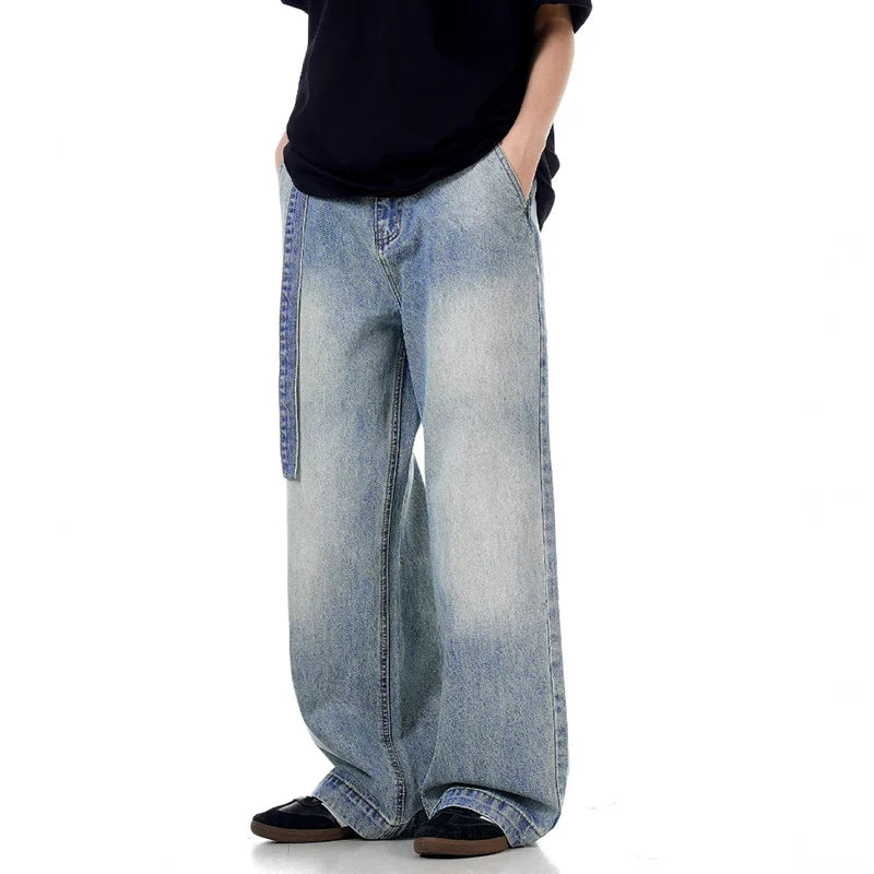 Men's Jeans New American Style Waistband Solid Color Design Denim Pants Loose Straight Leg Pants Trendy Spring 2025 9W1378