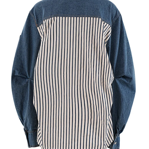 Load image into Gallery viewer, Women Blue Striped Pleated Denim Big Size Blouse New Lapel Long Sleeve Shirt Fashion Tide Spring Autumn 2025 CP3262
