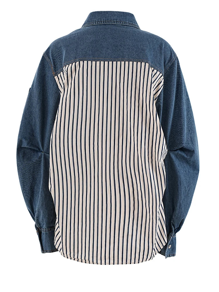 Women Blue Striped Pleated Denim Big Size Blouse New Lapel Long Sleeve Shirt Fashion Tide Spring Autumn 2025 CP3262