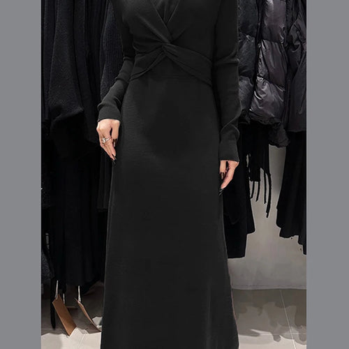 Load image into Gallery viewer, Solid Slimming Knitted Dresses For Women Stand Collar Long Sleeve High Waist Designer Dress Female Fashion Style
