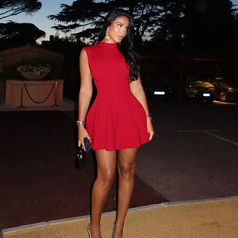 Half High Collar Sleeveless Sexy Mini Dress For Women Fashion Solid Red High Waist A-line Club Pleated Sexy Dress