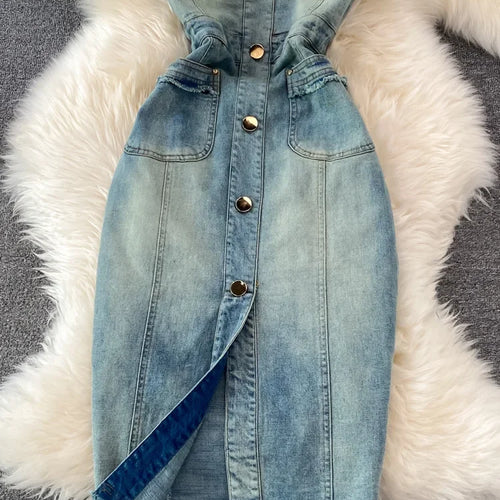 Load image into Gallery viewer, Denim Dress Sexy Style New Arrival Ins Strap Waist Mesh Polka Dot Ruffles Stitching Female Bodycon Midi Dresses Female Vestidos
