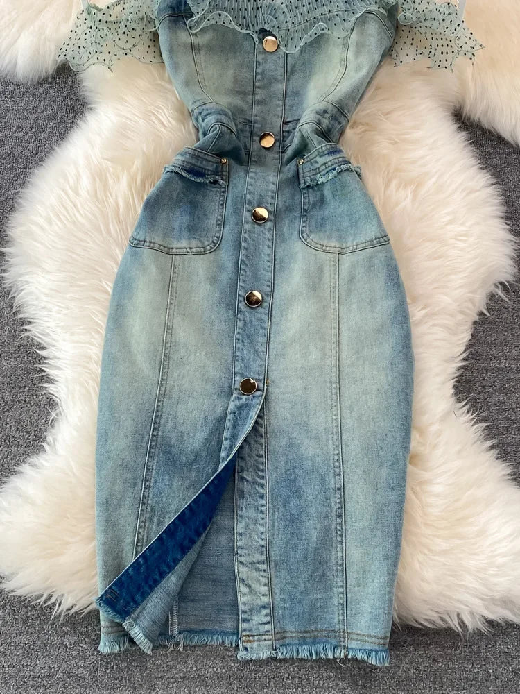 Denim Dress Sexy Style New Arrival Ins Strap Waist Mesh Polka Dot Ruffles Stitching Female Bodycon Midi Dresses Female Vestidos
