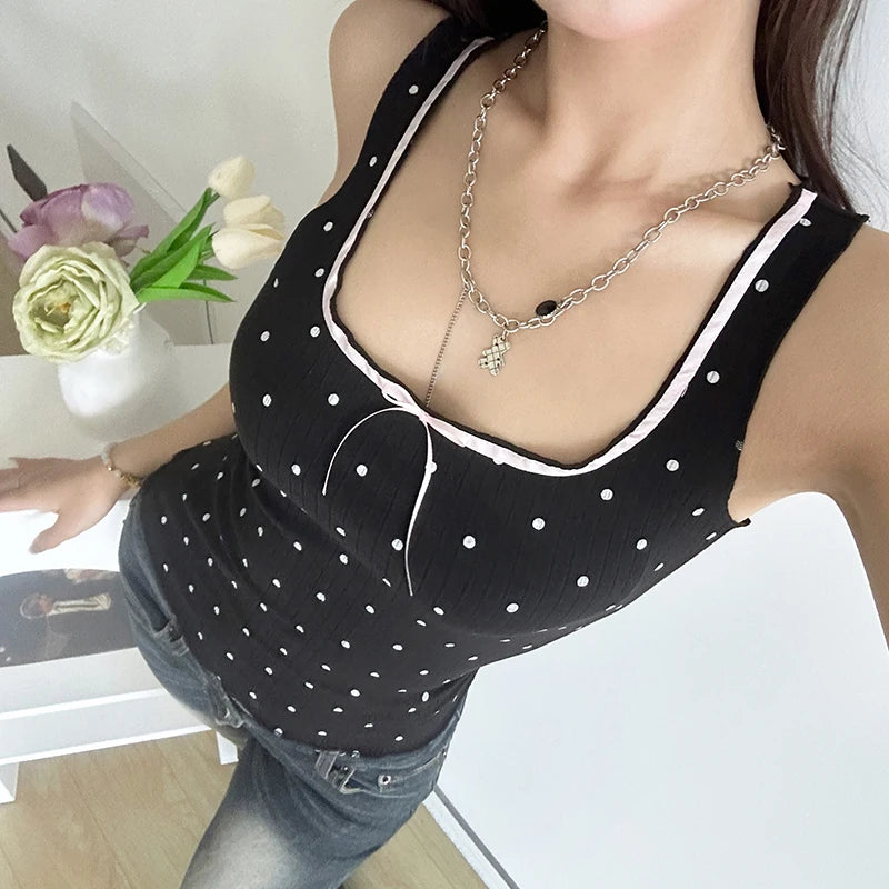 Sweet Gothic Dark Summer Tank Top Short Polka Dot Frill Bow Korean Fashion Vest Sleeveless Top Tees Kawaii Contrast