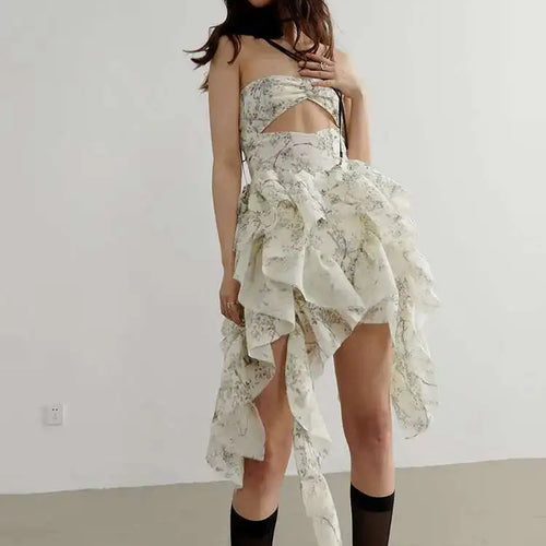 Load image into Gallery viewer, Women Printed Hollow Out Ruffles Mini Irregular Strapless Dress New Sleeveless Fashion Tide Spring Summer 2025 1DH6272
