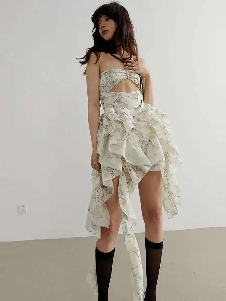 Women Printed Hollow Out Ruffles Mini Irregular Strapless Dress New Sleeveless Fashion Tide Spring Summer 2025 1DH6272
