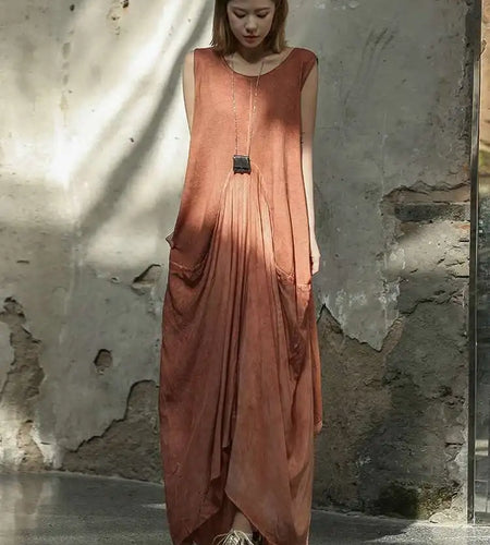 Women Orange Pleated Vintage Casual Dress New Round Neck Sleeveless Loose Fit Fashion Tide Spring Summer 2025 1DF6825