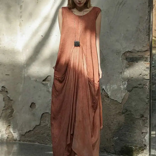 Load image into Gallery viewer, Women Orange Pleated Vintage Casual Dress New Round Neck Sleeveless Loose Fit Fashion Tide Spring Summer 2025 1DF6825
