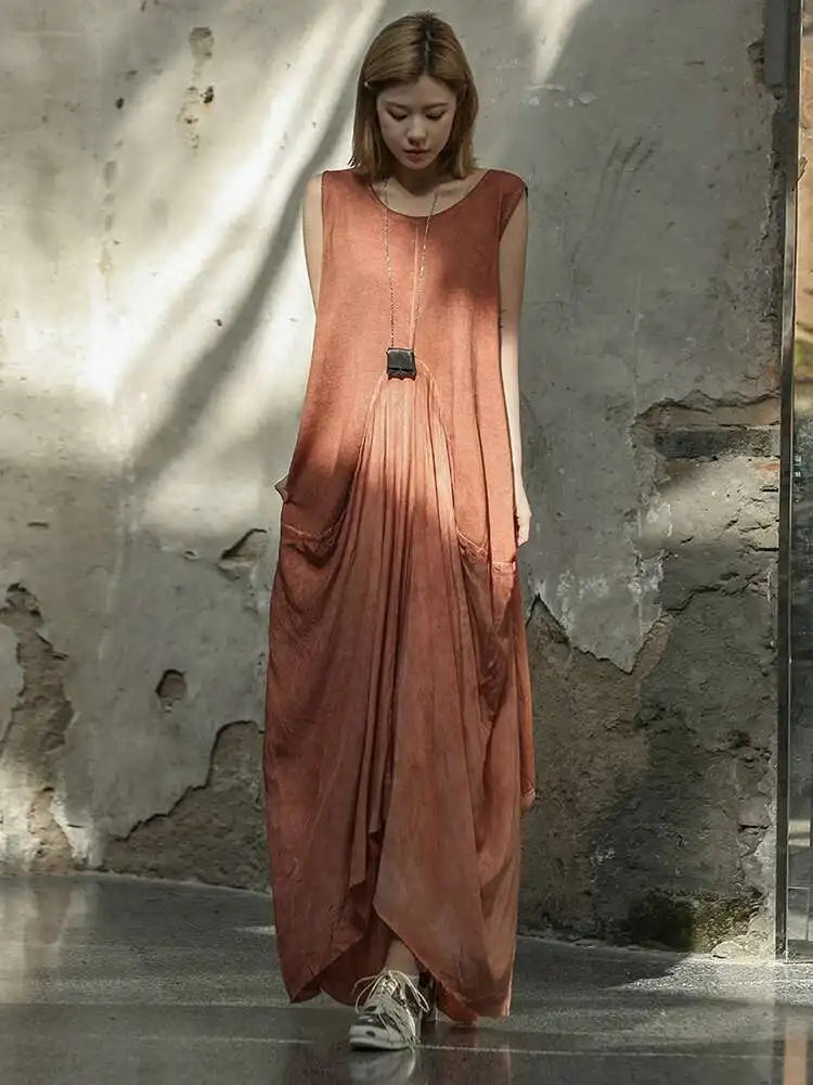 Women Orange Pleated Vintage Casual Dress New Round Neck Sleeveless Loose Fit Fashion Tide Spring Summer 2025 1DF6825