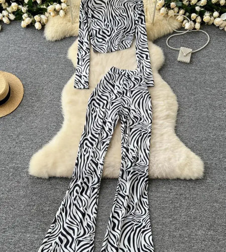 Autumn Winter Retro Fashion Two Pieces Suit Women Zebra Print Elegant Hollow Out Pullovers Tops + High Waist Wide Legs Pants Set