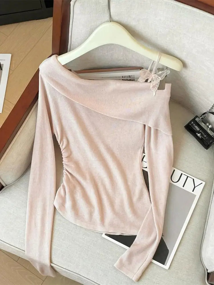 Spring Elegant Blue Pink Long Sleeve Versatile Slim Pullover Tops Fashion Women's Off Shoulder Pleated Knit Sweater Simplicity