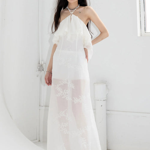 Load image into Gallery viewer, Women White Embroidery Perspective Elegant Long Dress New Halter Sleeveless Fashion Tide Spring Summer 2025 1DJ1448
