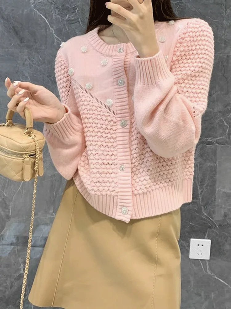 Autumn Women 3D Small Flower Knit Crop Cardigan Vintage Short Knitwear Long sleeve Single-breasted Buttons Sweater C-155
