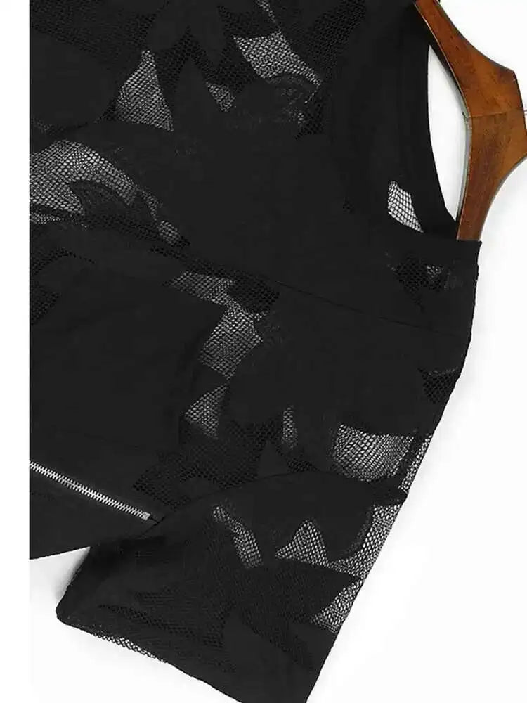 Women Embroidered Lace Zipper Irregular Big Size T-shirt New Round Neck Short Sleeve Fashion Spring Summer 2025 1DH6176