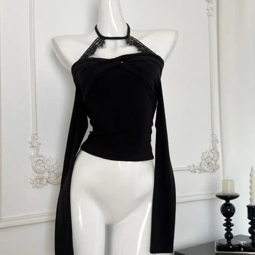 Load image into Gallery viewer, Vintage Black Lace Off Shoulder Elegant Halter Lace-up Knit Tops French Autumn Purple Backless Long Sleeve Festival T Shirt Chic
