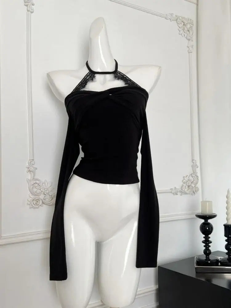 Vintage Black Lace Off Shoulder Elegant Halter Lace-up Knit Tops French Autumn Purple Backless Long Sleeve Festival T Shirt Chic