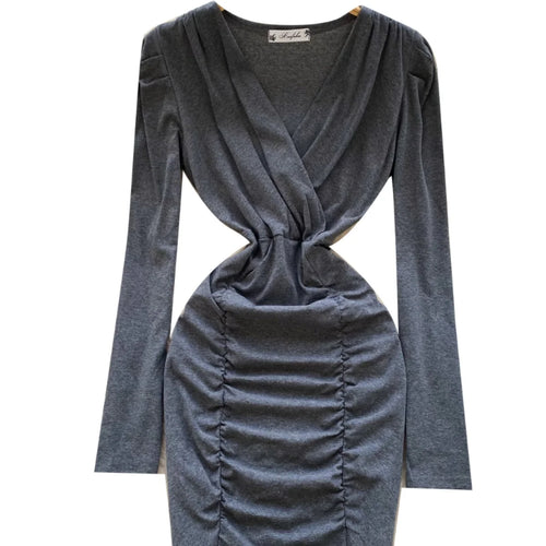 Load image into Gallery viewer, Korean 2025 Spring New Black Elegant Long Sleeves Office Wrapping Hip Mini Dress Women Grey V Neck Vacation Pleated Short Dress
