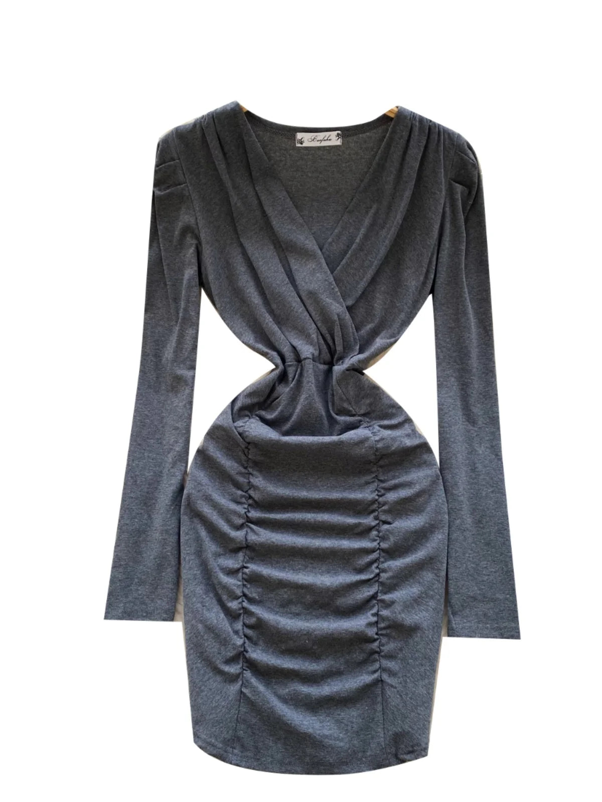 Korean 2025 Spring New Black Elegant Long Sleeves Office Wrapping Hip Mini Dress Women Grey V Neck Vacation Pleated Short Dress