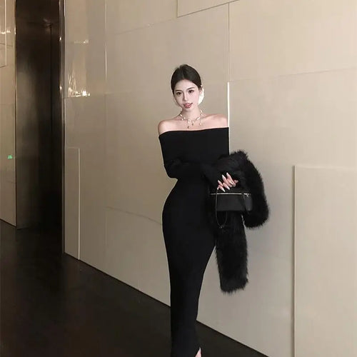 Load image into Gallery viewer, Retro Solid Sexy Club Long Sleeve Off Shoulder Knitted Dress Autumn French Style Chic Slim Long Sleeves Elegant Wrap Hip Dresses
