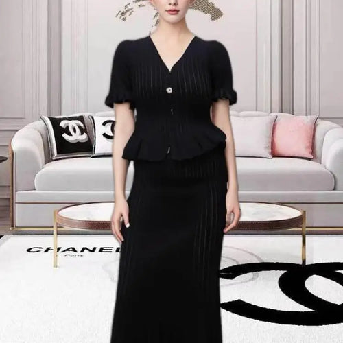 Load image into Gallery viewer, Women Black White V-neck Single Breasted Ruffles Knitted Dresses For Fashion Spring Summer Blue Elegant Short Sleeved Long Dress
