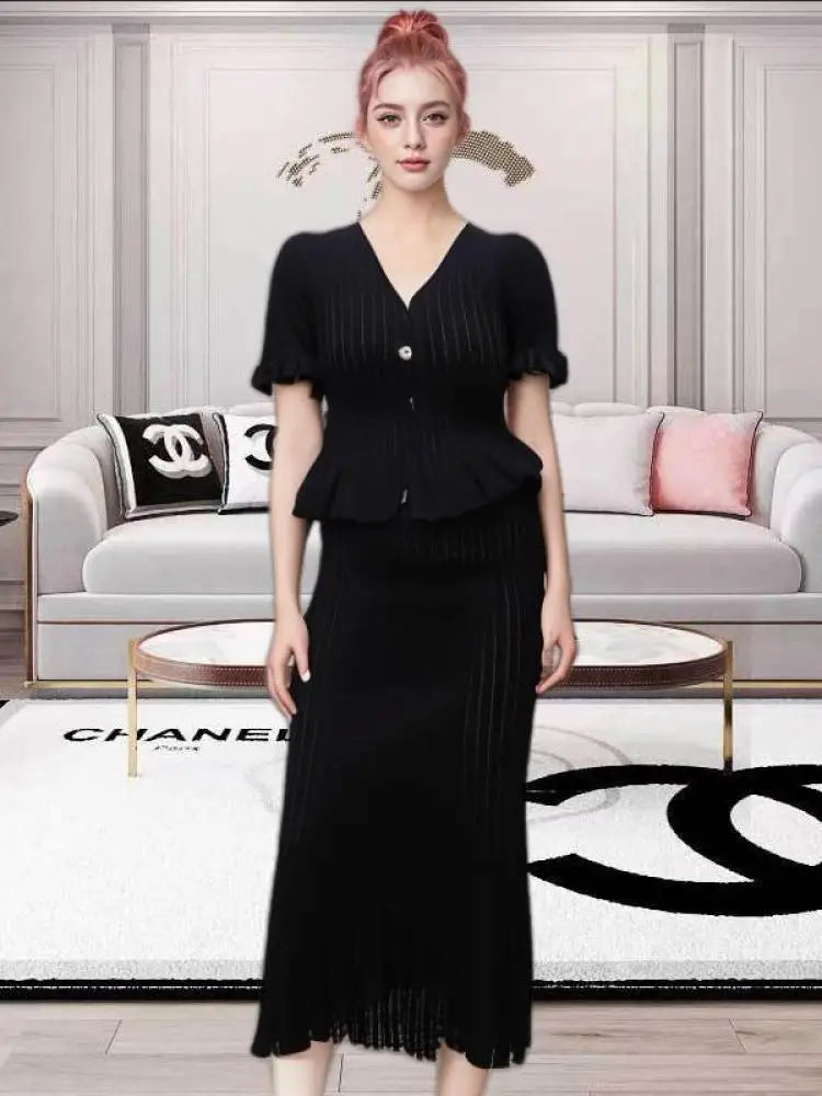 Women Black White V-neck Single Breasted Ruffles Knitted Dresses For Fashion Spring Summer Blue Elegant Short Sleeved Long Dress