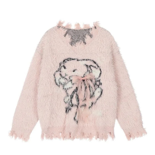 Load image into Gallery viewer, Y2k Aesthetic Women Sweet Cartoon Jacquard Sweaters New Grunge Vintage Bow Hole Jumpers Loose Knitted Harajuku Pullovers Female
