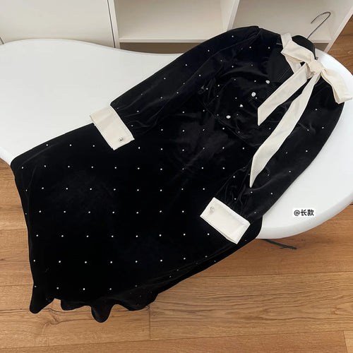 Load image into Gallery viewer, Autumn Winter 2024 French Black Velvet Patchwork Dot Elegant Single Breasted Dress Women V Neck Long Sleeved Party Evening Dress
