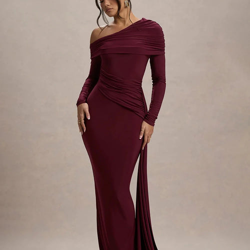Load image into Gallery viewer, Skew Collar Long Sleeve Sexy Maxi Dress For Women Gown Fashion Backless Draped Ruched Bodycon Club Long Dress Elegant
