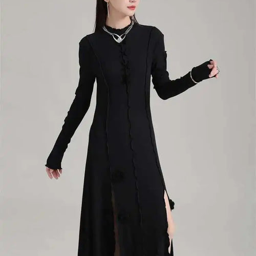 Load image into Gallery viewer, Women Black Flower Elegant Slit Long Dress New Turtleneck Long Sleeve Loose Fit Fashion Tide Spring Autumn 2025 1DH1870

