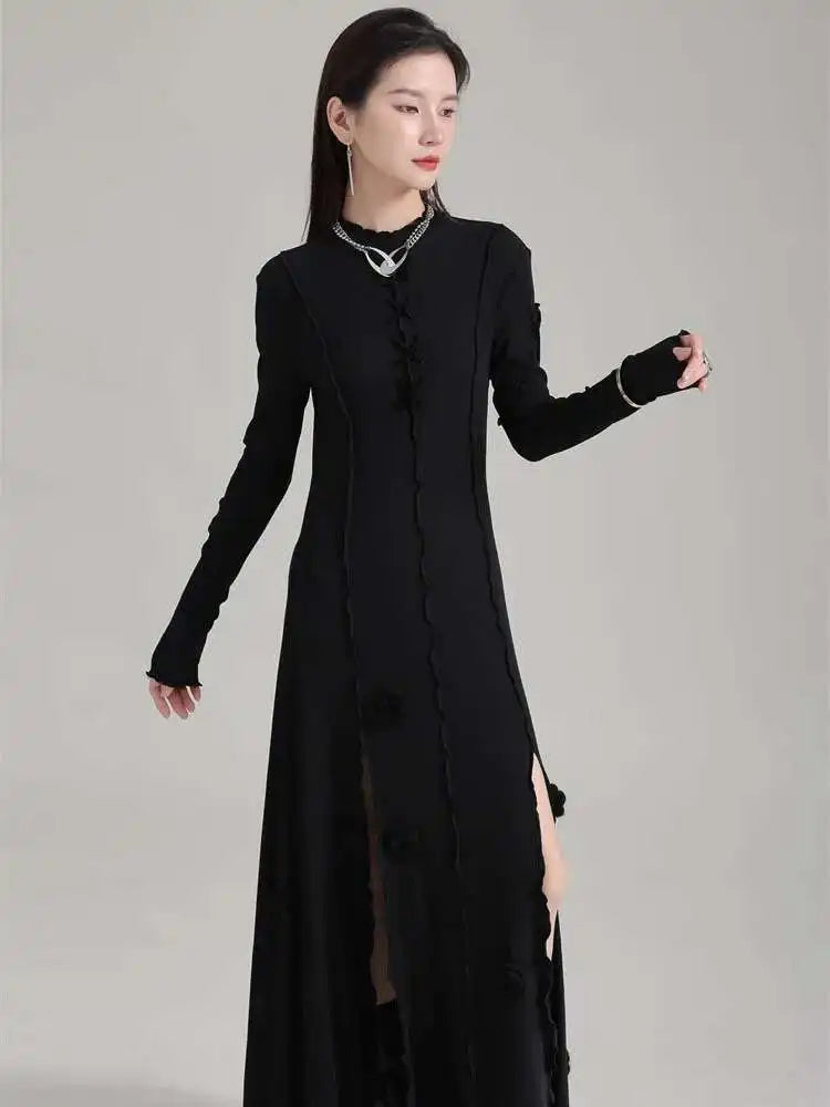 Women Black Flower Elegant Slit Long Dress New Turtleneck Long Sleeve Loose Fit Fashion Tide Spring Autumn 2025 1DH1870