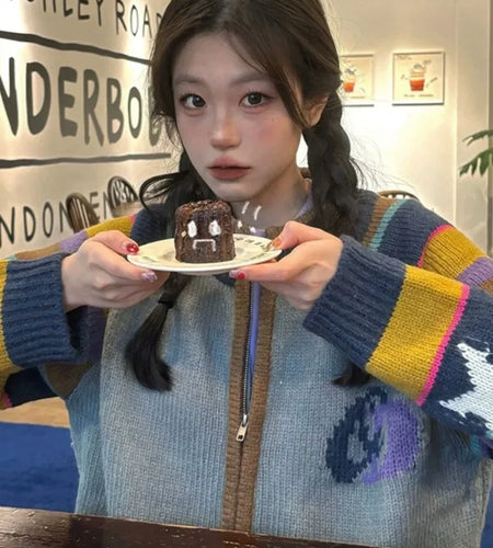 Contrast Color Vintage Striped Cardigan Y2k Aesthetic Loose Zipper Grunge Knitted Sweaters Japanese Casual Sweet Rainbow Coats