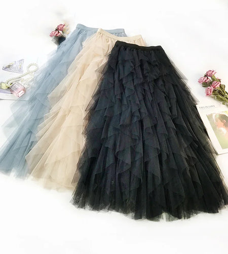 Fashion Tutu Tulle Skirt Women Long Maxi Skirt 2024 Spring Summer Korean Black Pink High Waist Pleated Skirt Female