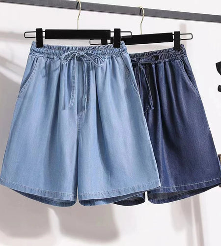 Women Black Short Jeans Pant 2024 Summer Drawstring Bandage Elastic Waist Loose Straight Blue Casual Streetwear Denim Shorts New