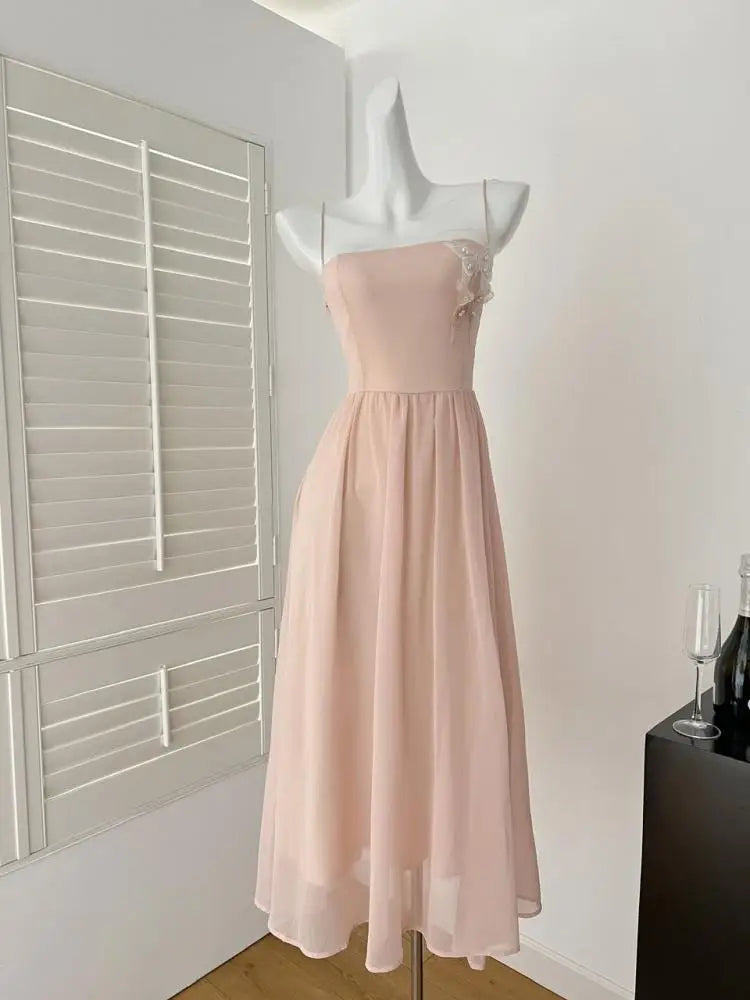 Summer Vintage Pink Sexy High Waist Sleeveless Evening Party Long Dress For Women Elegant Backless Pleated Slip Dress 2025 Trend