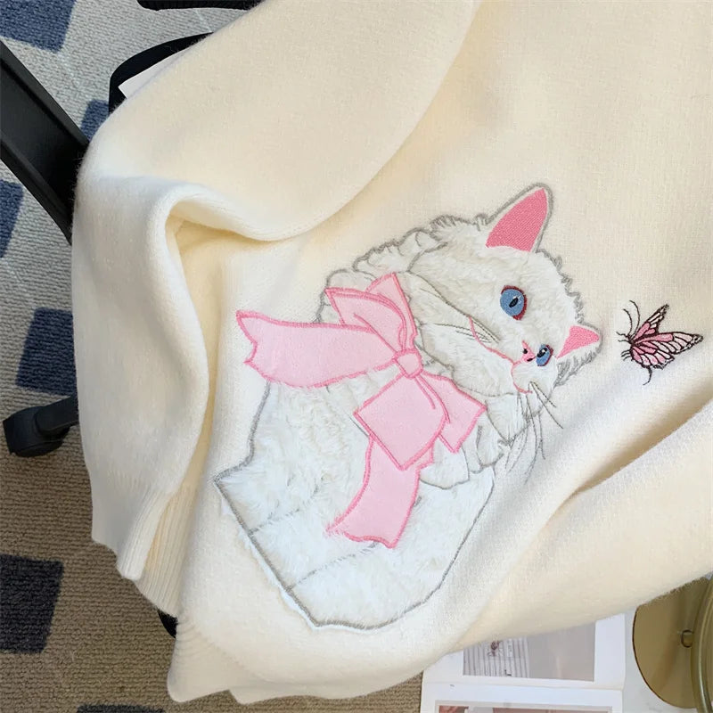 French Women's Print Cute Cat Pattern Long Sleeve Round Neck Sweater Autumn Winter Elegant Festival Knitted Thick Pullover Tops