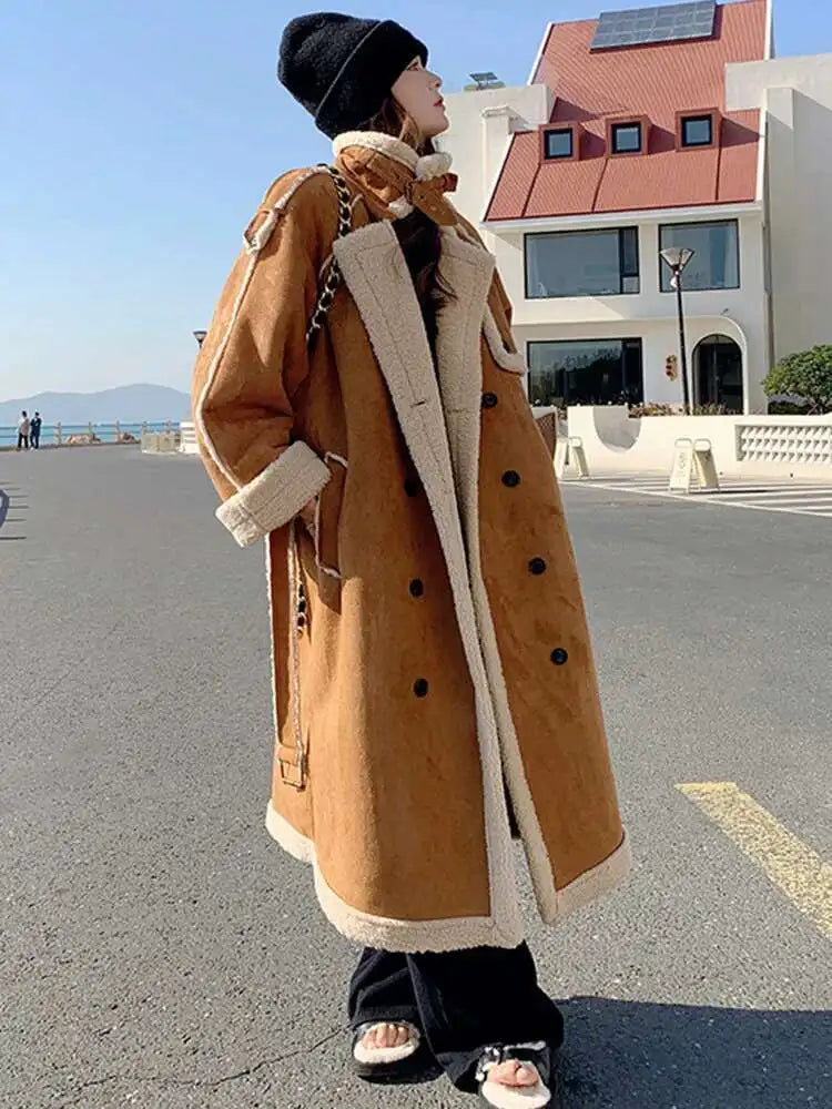 Camel Thick Big Size Long Lambswool Jacket New Stand Collar Long Sleeve Women Coat Fashion Tide Autumn Winter 2025 1DH8605