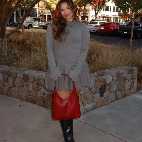 Load image into Gallery viewer, Half High Collar Long Sleeve Knit Mini Dress For Women Autumn Winter New Solid High Waist Pleated Knit Sweater Dress
