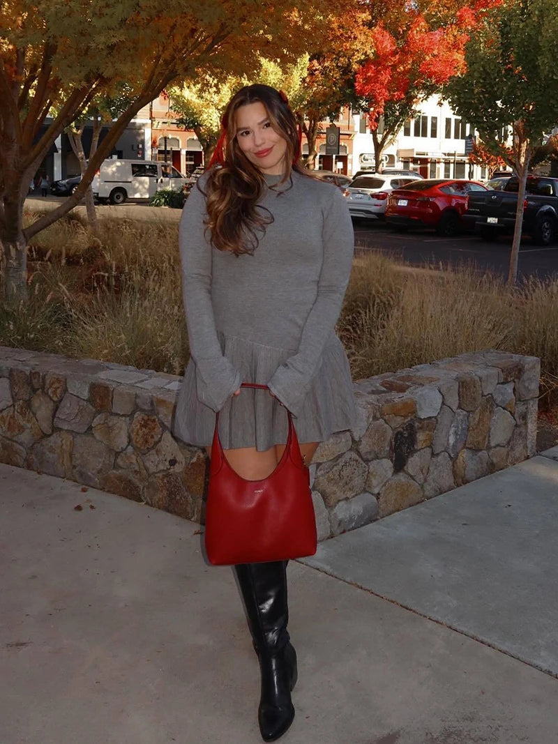 Half High Collar Long Sleeve Knit Mini Dress For Women Autumn Winter New Solid High Waist Pleated Knit Sweater Dress