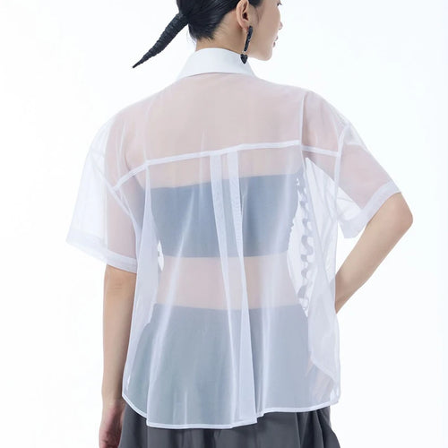Load image into Gallery viewer, Women Black Mesh Ribbon Perspective Big Size Blouse New Lapel Short Sleeve Shirt Fashion Tide Spring Summer 2025 1DJ1631

