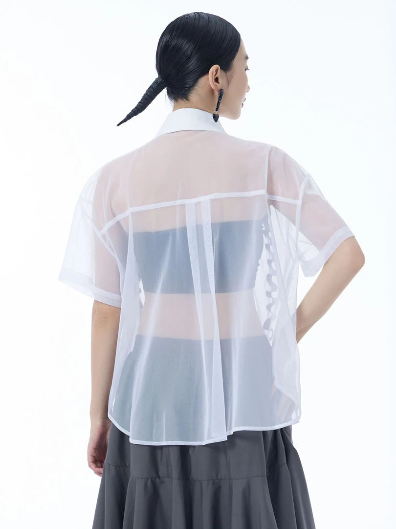 Women Black Mesh Ribbon Perspective Big Size Blouse New Lapel Short Sleeve Shirt Fashion Tide Spring Summer 2025 1DJ1631